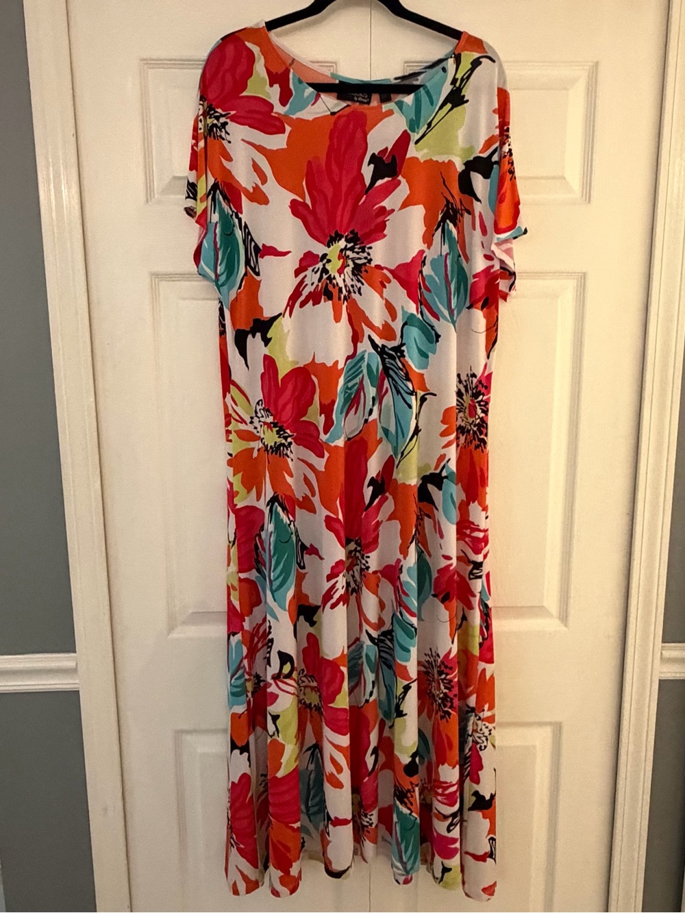 Attitudes by Renee White Midi Dress with Coral, Teal & Orange Floral Print